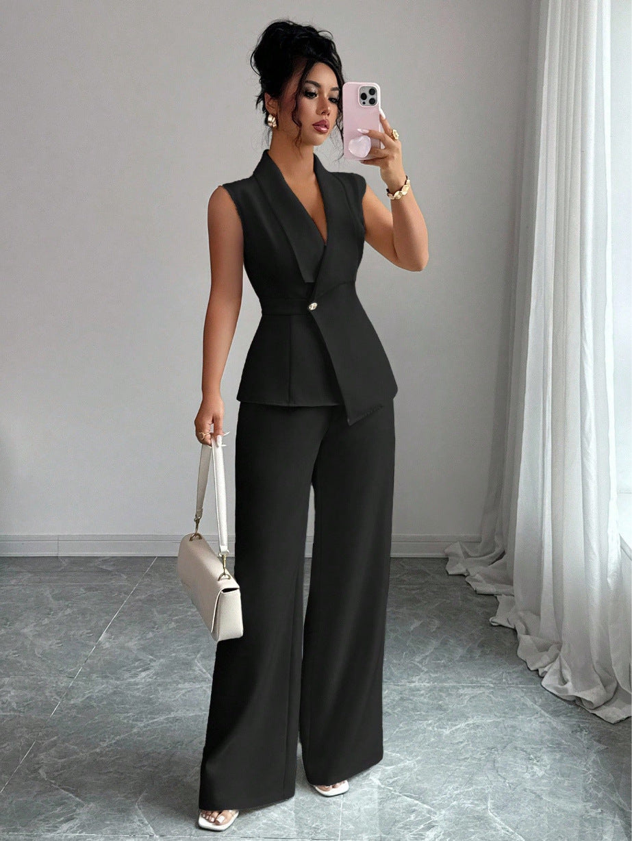 Sleeveless suit straight leg pants two-piece set